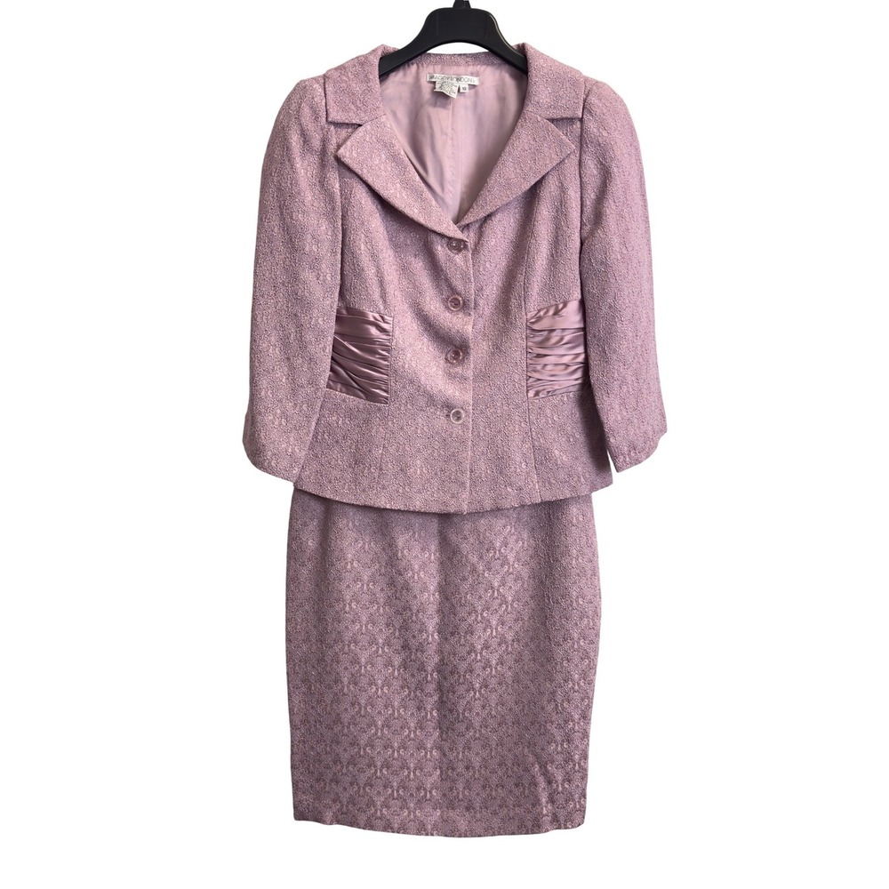 Maggy London Womens Skirt Suit Set Pink Brocade Ruched Blazer Size 10 Elegant
